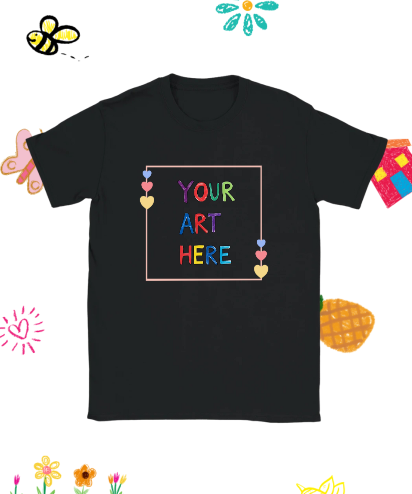 Black unisex t-shirt featuring a colorful kid-style "Your Art Here" design with playful frame and doodles, ideal for personalized artwork by children