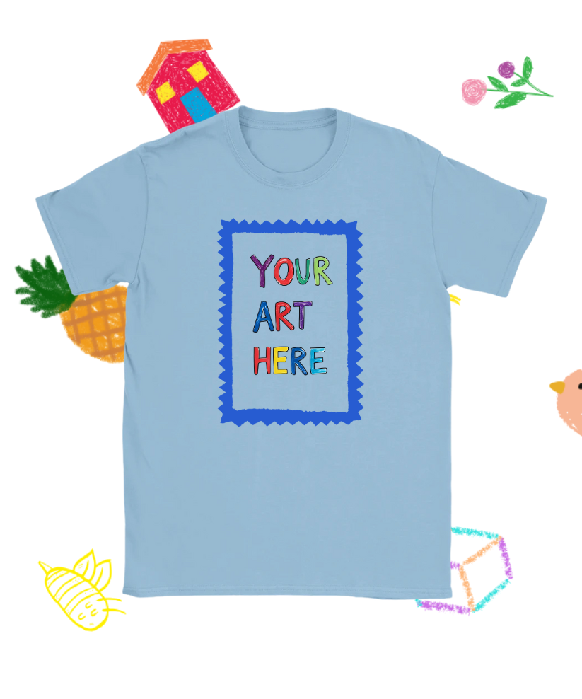 Light Blue unisex t-shirt featuring a colorful kid-style "Your Art Here" design with playful frame and doodles, ideal for personalized artwork by children