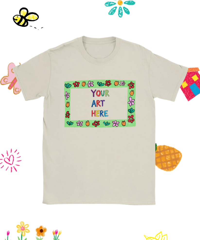 Natural unisex t-shirt featuring a colorful kid-style "Your Art Here" design with playful frame and doodles, ideal for personalized artwork by children