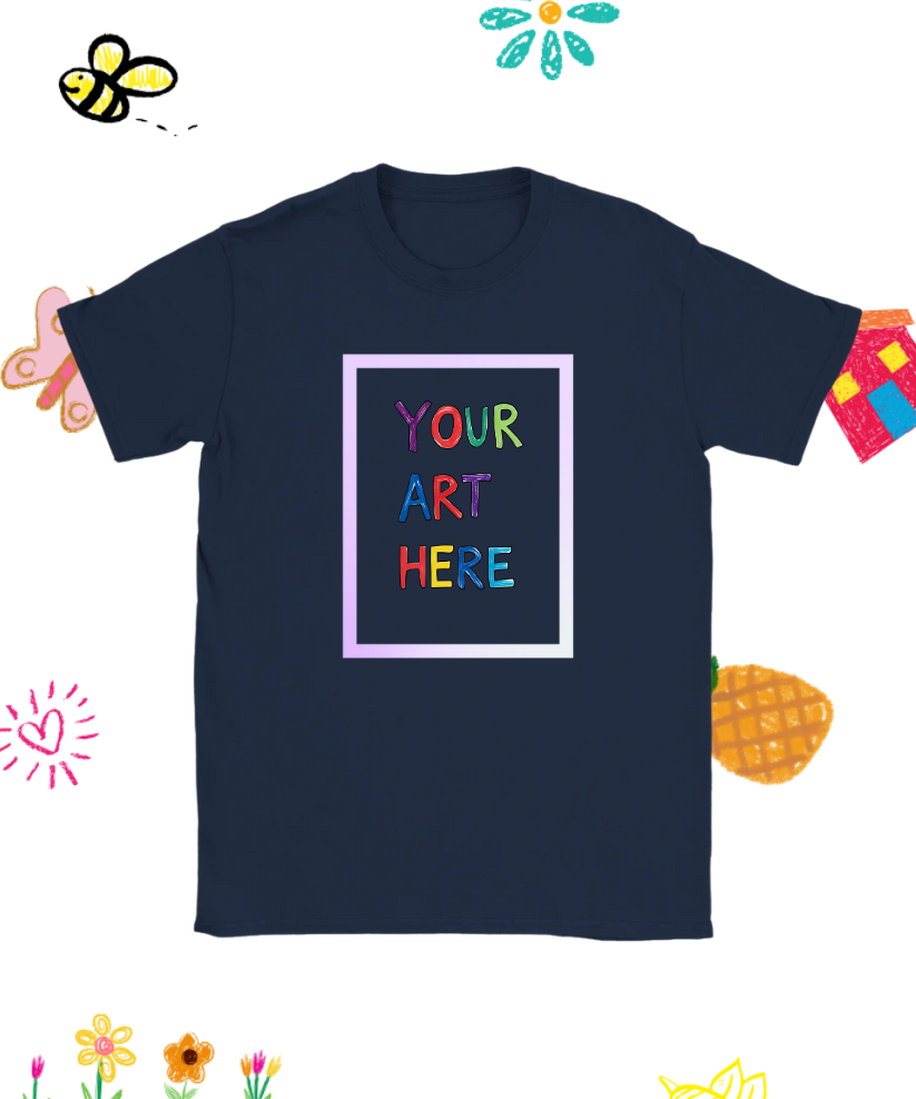 Navy unisex t-shirt featuring a colorful kid-style "Your Art Here" design with playful frame and doodles, ideal for personalized artwork by children