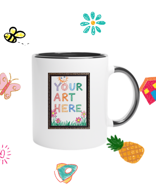 Design-your-own ceramic mug with black interior, featuring a placeholder for your child’s artwork – personalized gift idea for parents and grandparents


