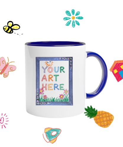 Design-your-own ceramic mug with blue interior, featuring a placeholder for your child’s artwork – personalized gift idea for parents and grandparents


