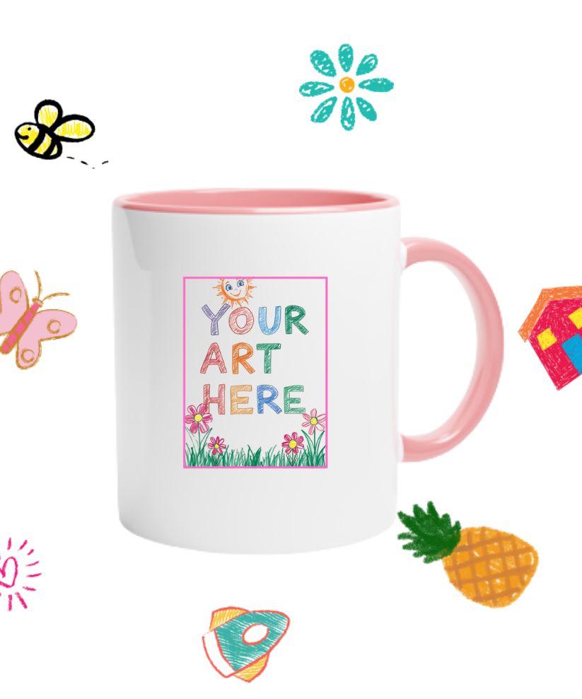 Design-your-own custom ceramic mug with pink interior, featuring a placeholder for your child’s artwork – personalized gift idea for parents and grandparents


