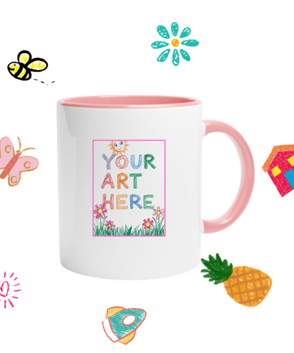 Design-your-own custom ceramic mug with pink interior, featuring a placeholder for your child’s artwork – personalized gift idea for parents and grandparents

