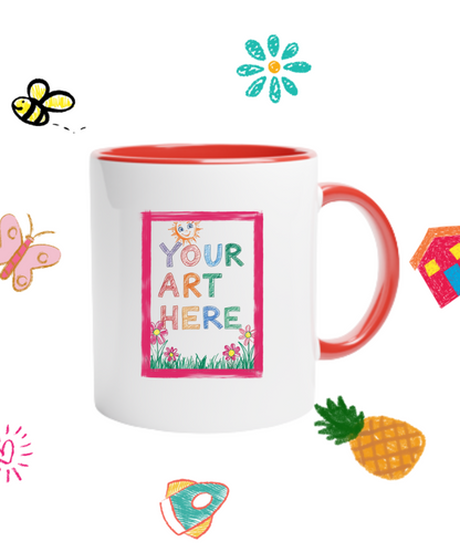 Design-your-own custom ceramic mug with red interior, featuring a placeholder for your child’s artwork – personalized gift idea for parents and grandparents

