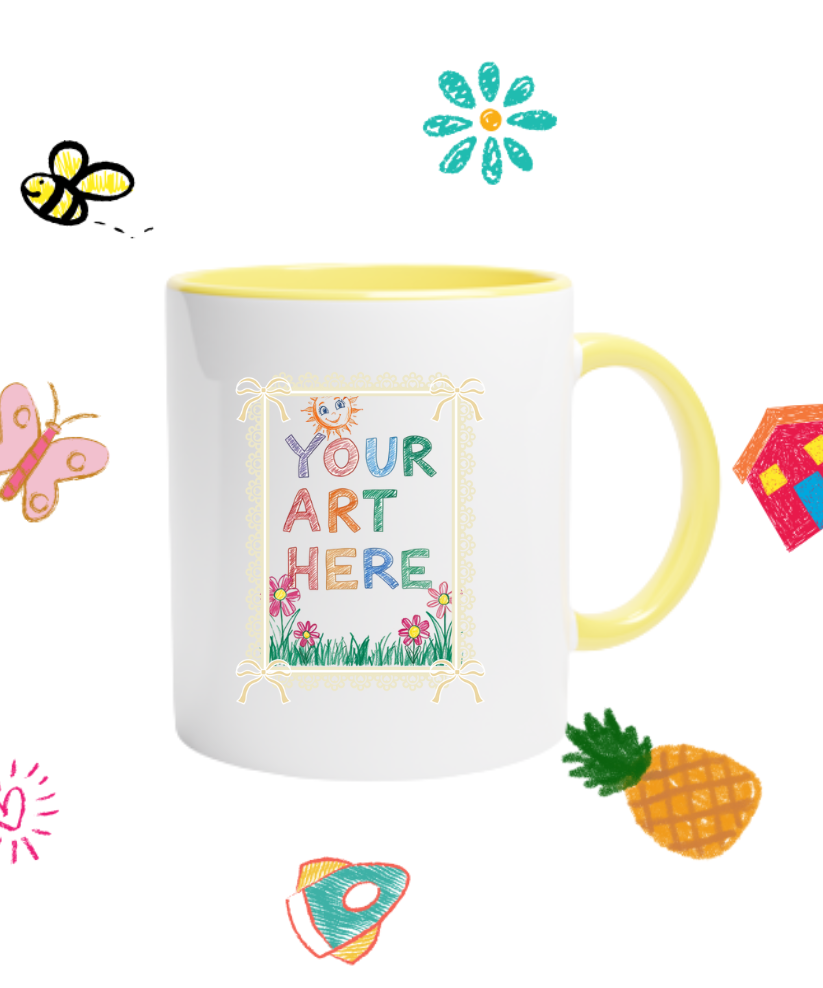 Design-your-own custom ceramic mug with yellow interior, featuring a placeholder for your child’s artwork – personalized gift idea for parents and grandparents

