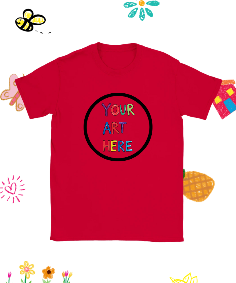 Red unisex t-shirt featuring a colorful kid-style "Your Art Here" design with playful frame and doodles, ideal for personalized artwork by children