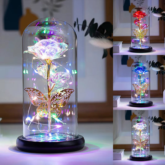 Galaxy Rose Lamp with colorful LED lights and butterfly decoration in a glass dome.